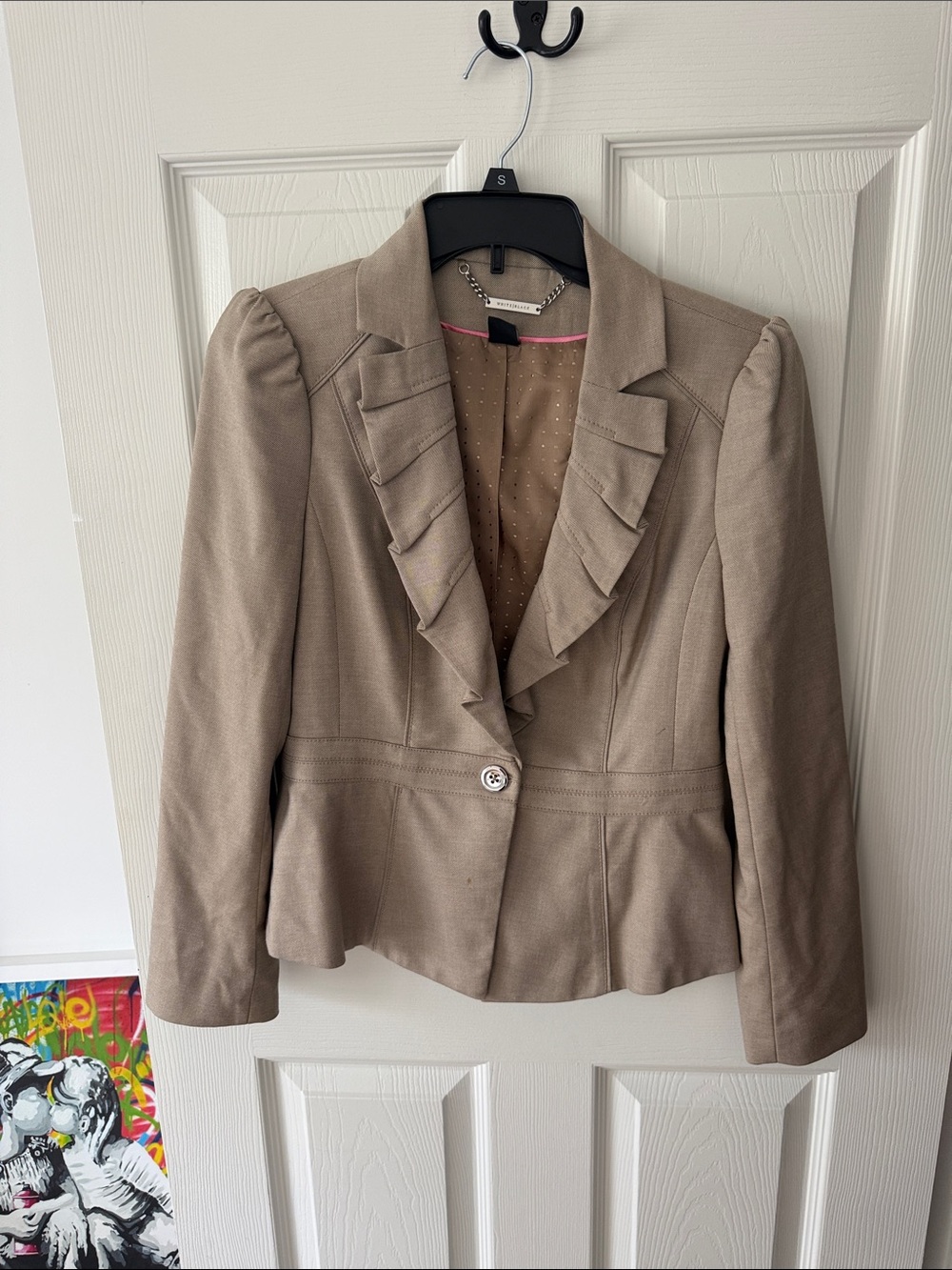 White House Black Market Taupe Ruffle-Trim Blazer